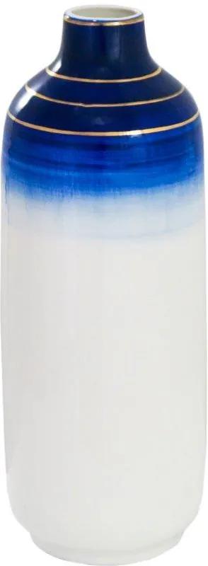 Vaso Decorativo Branco com Detalhes em Azul e Dourado - 41x14x14cm
