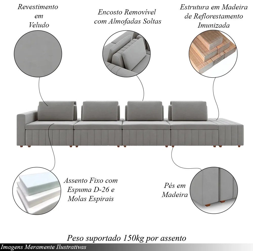 Sofá Ilha com Encosto e Almofadas Móveis Olimpo 465cm Modulado Veludo Cinza G45 - Gran Belo