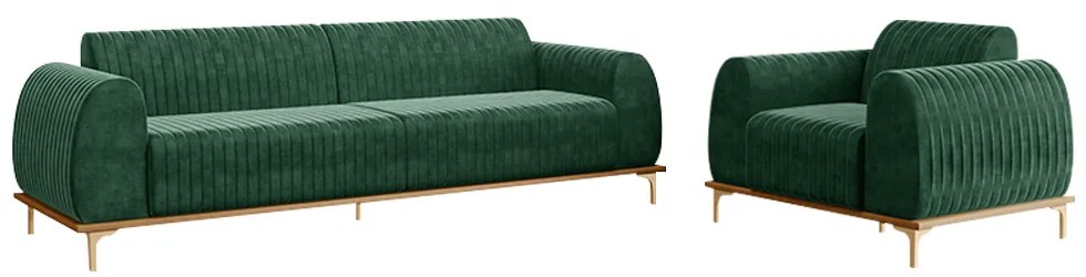 Conjunto Sofá 3 Lugares e Poltrona Base de Madeira Euro 260 cm Veludo Verde G15 - Gran Belo