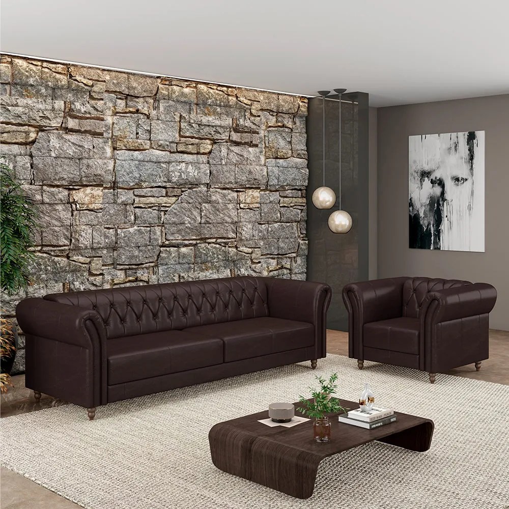 Conjunto Sala de Estar 1 Sofá Living 180cm e 1 Poltrona Stanford Chesterfield Pés Madeira Couro Wine Vinho G58 - Gran Belo