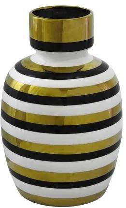 Vaso Decorativo em Porcelana Dourado Branco e Preto 28cmx17cm
