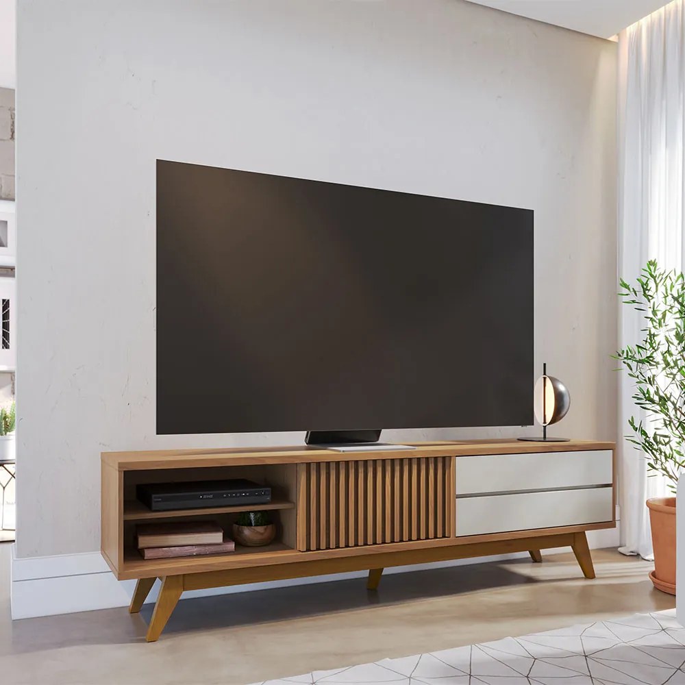 Rack para Sala Bancada de TV 75 Pol 200cm Licia C04 - D'Rossi - Freijó e Off White Matte