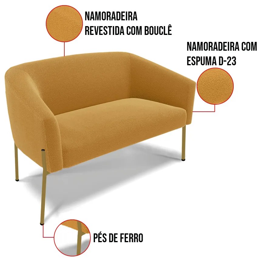 Sofá 2 Lugares Namoradeira Pé de Ferro Dourado Stella Bouclê D03 - D'Rossi - Mostarda