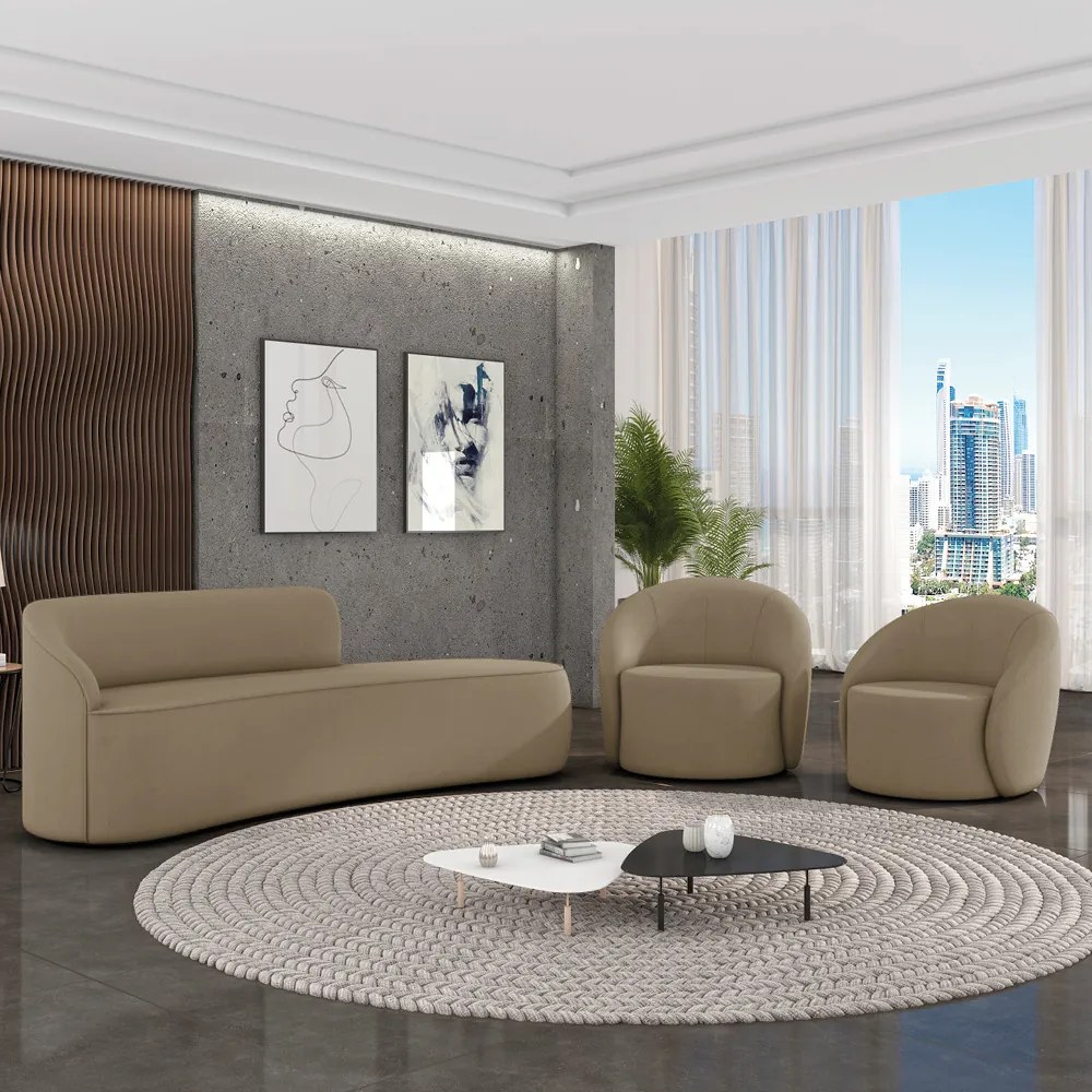 Sofá 4 Lugares Orgânico 220cm Morgan e 2 Poltronas Lua Suede D03 - D'Rossi - Marrom Rato