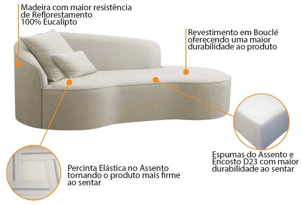 Divã Recamier Curvo Sala de Estar Recepção Inglaterra 200cm Lado Direito Bouclé