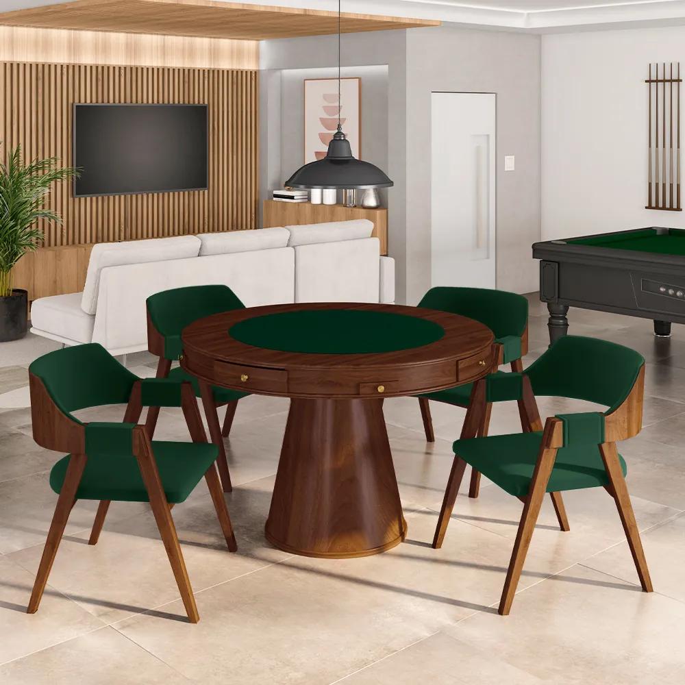Conjunto Mesa de Jogos Carteado Bellagio Tampo Reversível e 4 Cadeiras Madeira Poker Base Cone Veludo Verde/Imbuia G42 - Gran Belo