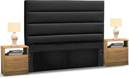 Cabeceira Cama Box Casal 140cm Greta Corano Preto e 2 Criados Amêndoa - Mpozenato