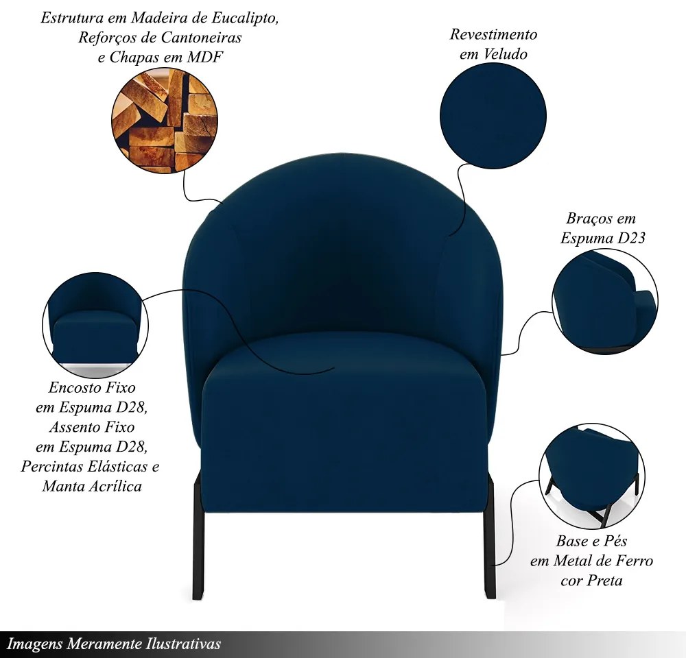 Kit 2 Poltronas Decorativa Sala de Estar Kenya Pés em Ferro Veludo Preto/Azul G33 - Gran Belo