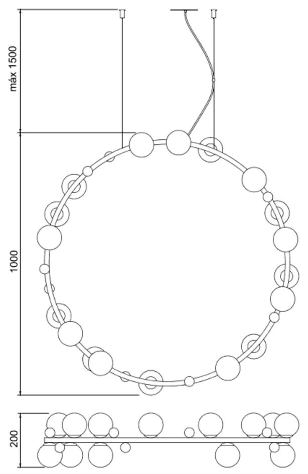 Pendente Aliança Vertical Ø100X24Cm 18Xg9 Globo 10Cm - Usina 90005/18 (PT / CB-P - Preto Texturizado / Cobre Brilho Polido, Ambar)