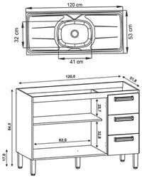 Balcão Gabinete 3 Portas com Pia 120cm Lumy K02 Freijó/Supremo - Mpoze