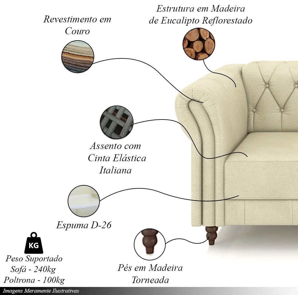 Conjunto Sala de Estar 1 Sofá Living 200cm e 1 Poltrona Stanford Chesterfield Pés Madeira Couro Off White G58 - Gran Belo