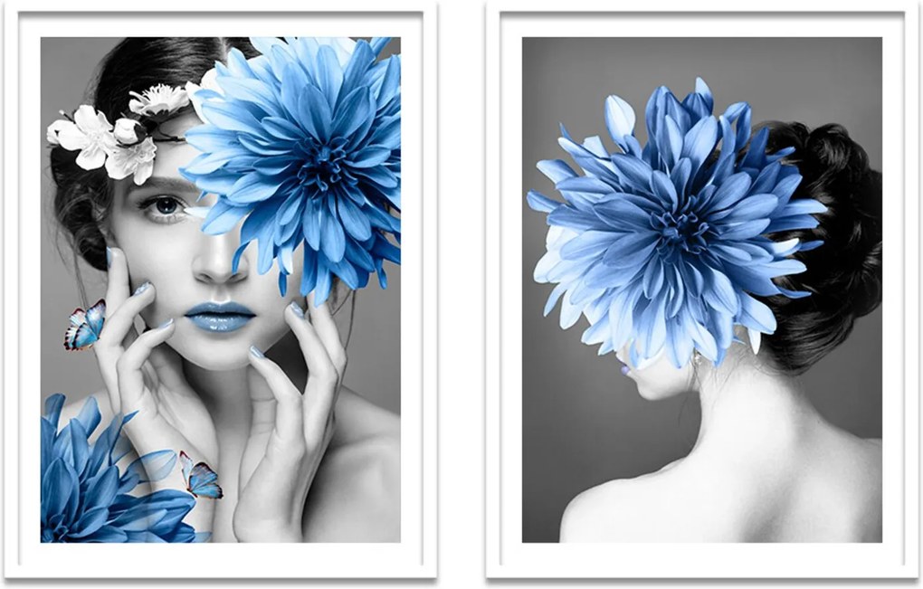 Quadro 67x100cm Eda Mulher com Flores Azuis Nórdico Moldura Branca Sem Vidro