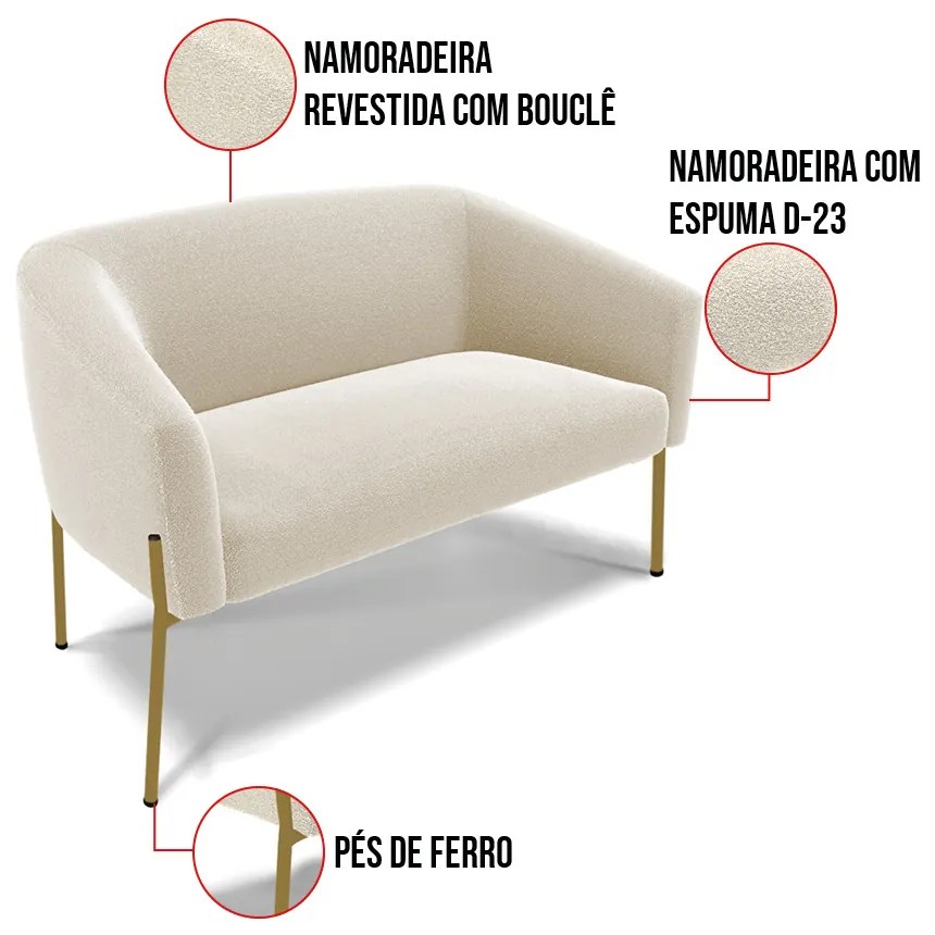Sofá 2 Lugares Namoradeira Pé de Ferro Dourado Stella Bouclê D03 - D'Rossi - Bege