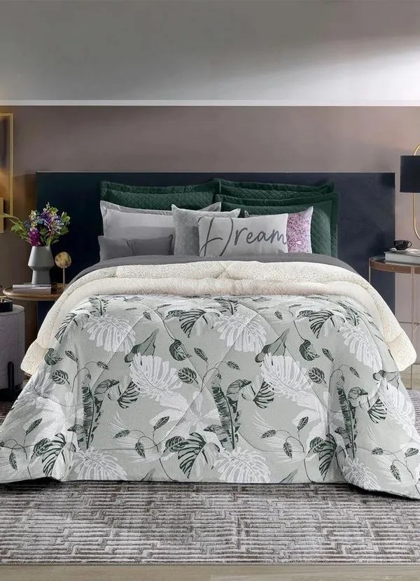 Edredom Plush Sherpa Verde Casal Slim 1 Peça