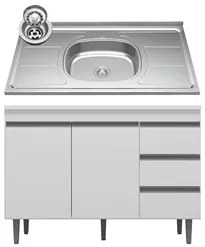 Balcão Gabinete com Pia Inox 120cm 2 Portas 3 Gavetas Andréia Branco -