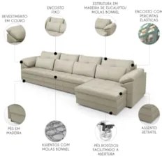 Sofá Retrátil 4 Lugares Para Sala 339cm Dijon Couro Creme S07 - Mpozen