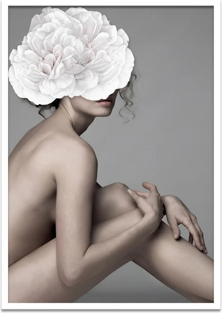 Quadro 60x90cm Joana Mulher com Flor Branca Nórdico Moldura Branca Sem Vidro
