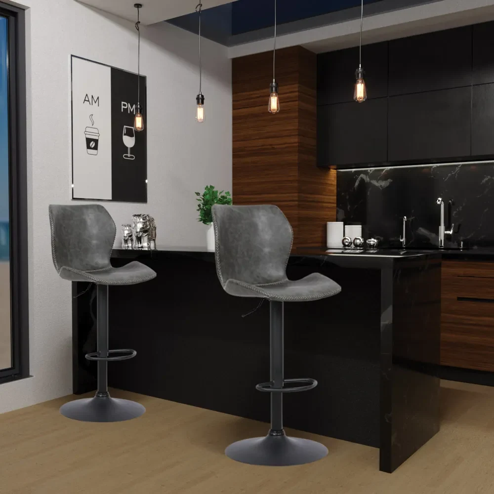 Banqueta Base Aço Giratória Naboo Com Regulagem de Altura PU Cinza Chumbo G56 - Gran Belo