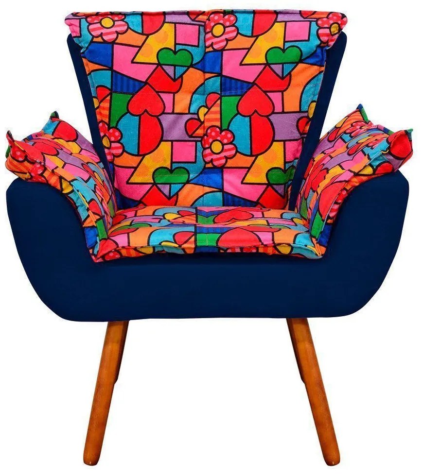 Poltrona Sala Pé Palito de Madeira Opala Romero Britto D15 Suede Azul M D03 - D'Rossi