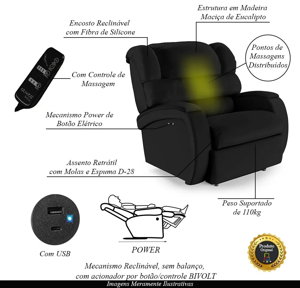 Poltrona do Papai Reclinável Napoli Power Touch Massagem PU Preto F FH1 - D'Rossi