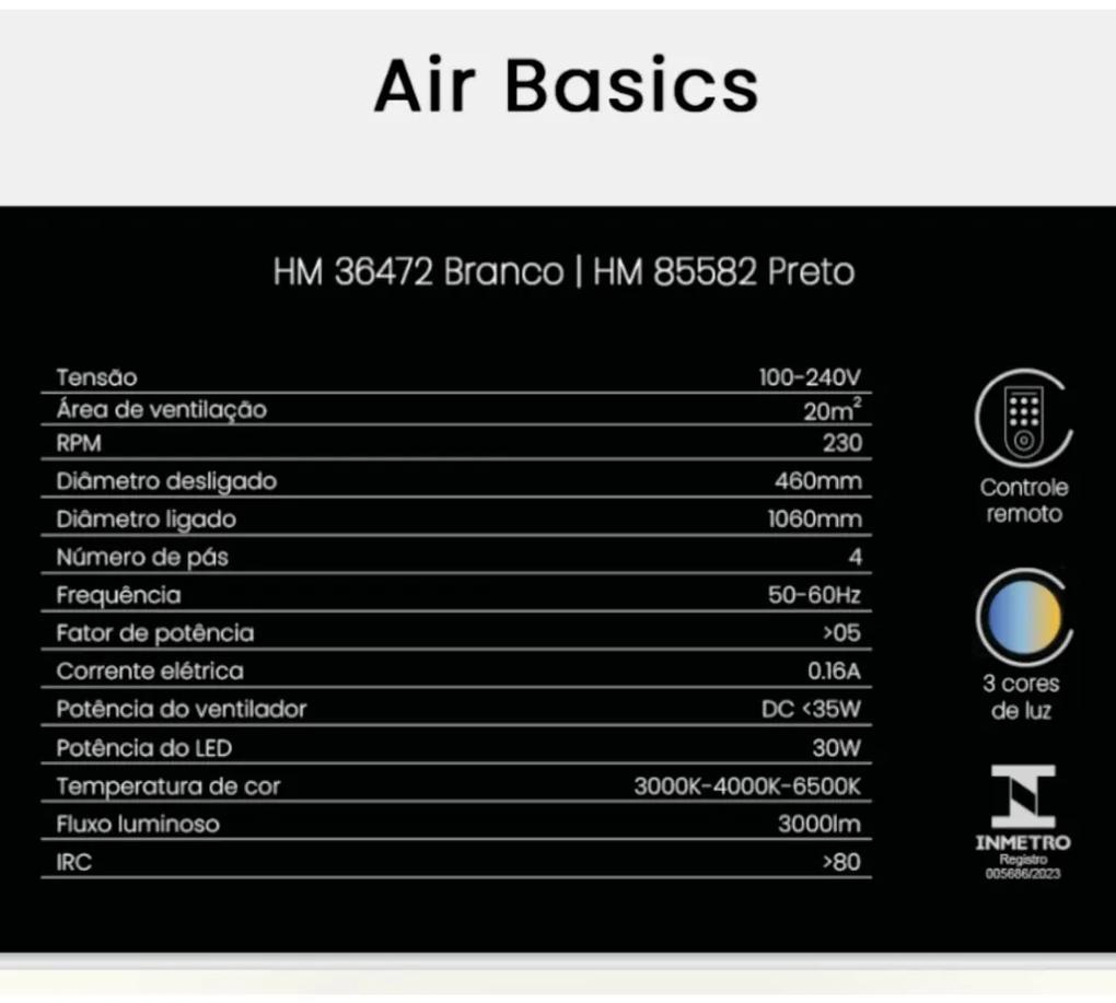 Ventilador De Teto Air Basic Preto Pás Retrátil Led 30W Multicolor Biv...