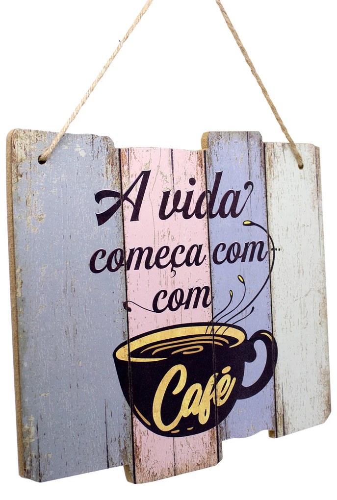 Quadro Decorativo de Madeira A Vida Começa com Café 25,5x30x1,5 cm - D'Rossi