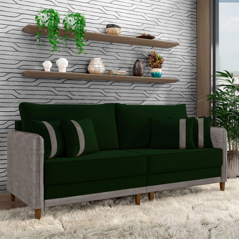 Sofá Living Montecarlo 2 Lugares Bipartido 172cm Pés em Madeira Veludo/PU Verde/CinzaG33 - Gran Belo