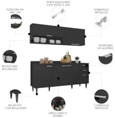 Armário de Cozinha Com Tampo CP01 180cm Pérola Preto Z34      - Mpozen