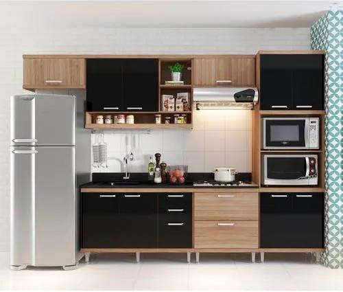Cozinha Compacta - Aéreos, Armário para Forno/Micro-ondas e Balcões para Pia/Cooktop - Argila/Preto