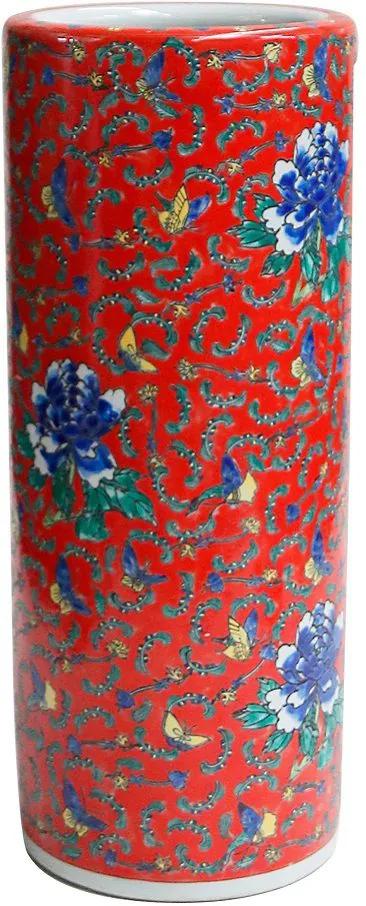 Porta Guarda-Chuva em Porcelana Redondo Florido Vermelho D23cm x A57cm