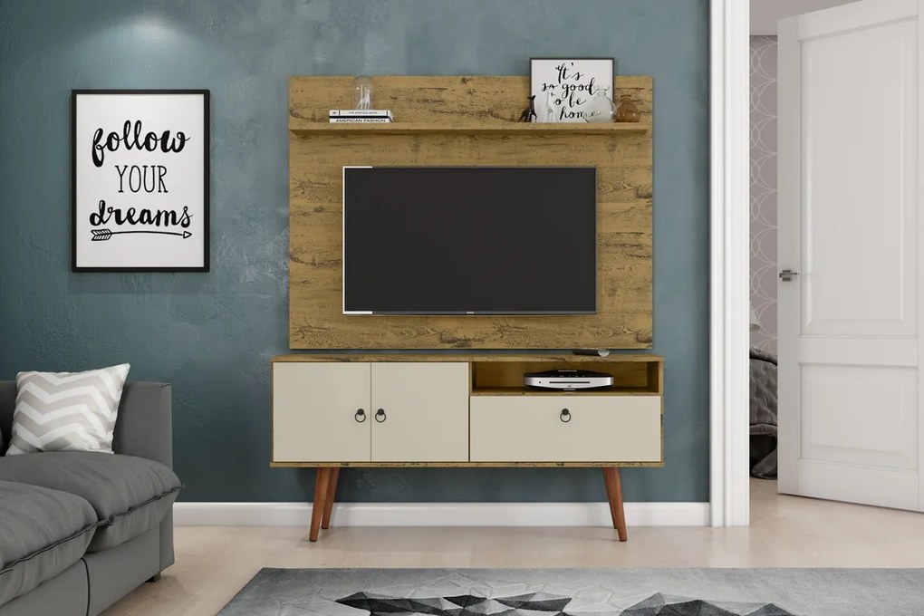 Rack Com Painel Topázio Nature com Off White - Patrimar Móveis