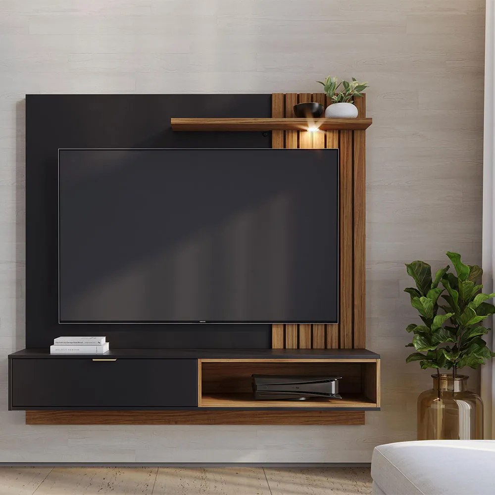 Painel TV 60 Pol 160cm Bancada Suspensa Zurique C04 - D'Rossi - Preto Fosco e Noce Milano