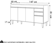 Balcão de Cozinha com Pia Inox 150cm 4 Portas Marrocos Cinza Claro - L