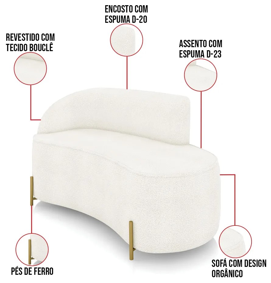 Sofá 2 Lugares Orgânico 140cm Pé Dourado Morgan Bouclê D03 - D'Rossi - Off White