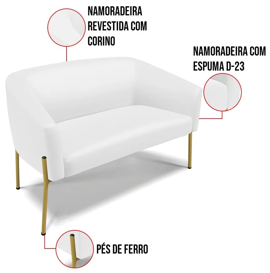 Sofá 2 Lugares Namoradeira Pé de Ferro Dourado Stella Sintético D03 - D'Rossi - Branco