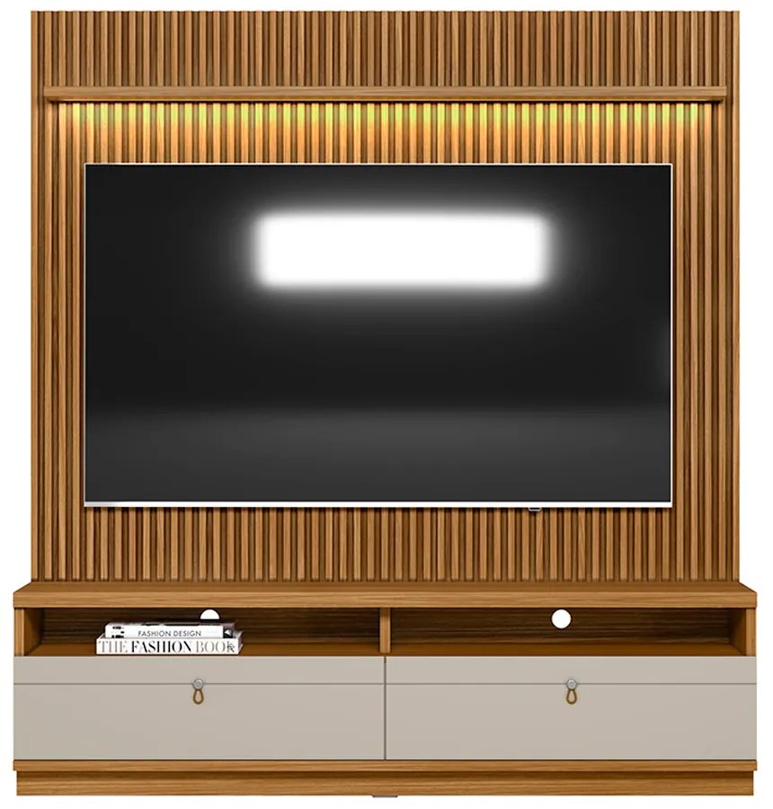 Painel para TV até 75 Polegadas Ripado Betina com Rack Nature e Off White 180x198 cm L04 - D'Rossi