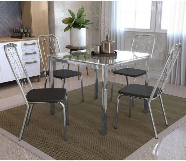 Conjunto de Mesa com Vidro e 4 Cadeiras em Metal Kappesberg - Cromado/Preto