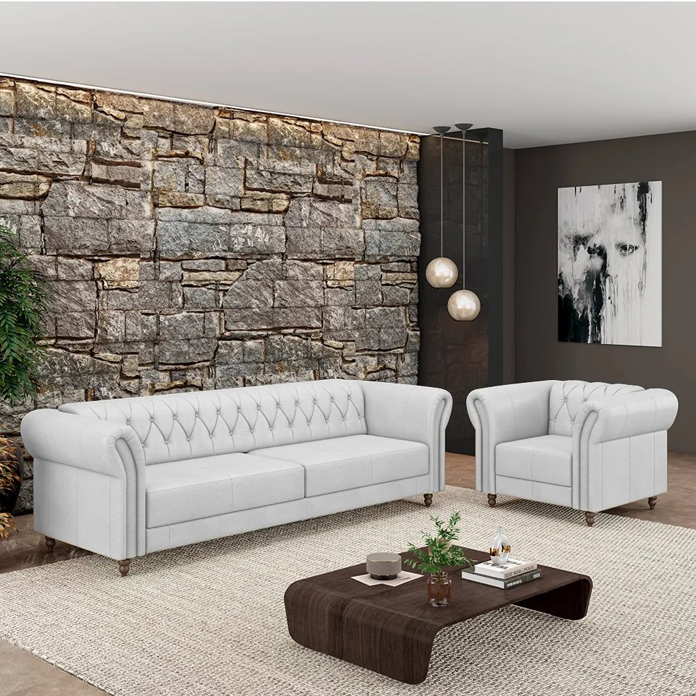 Conjunto Sala de Estar 1 Sofá Living 200cm e 1 Poltrona Stanford Chesterfield Pés Madeira Couro Branco G58 - Gran Belo