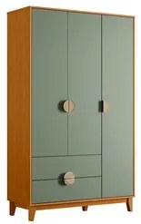 Guarda Roupa Solteiro 3 Portas 2 Gavetas 120cm Ipê Cinamomo/Sálvia - A