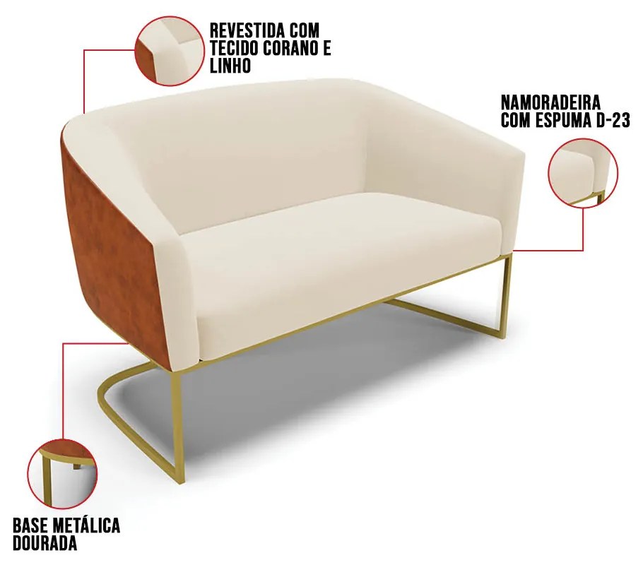 Namoradeira 2 Poltronas Industrial Dourado Stella Noz/Linho D03 - D'Rossi - Bege