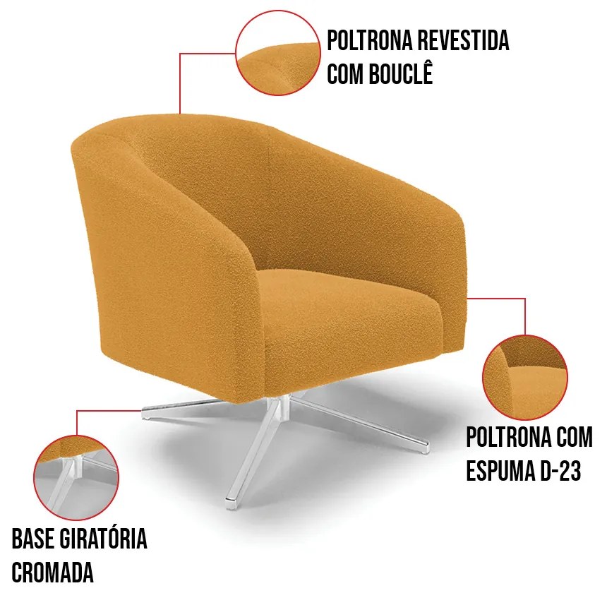 Poltrona Decorativa Giratória Cromada Kit 2 Stella Bouclê Mostarda D03 - D'Rossi