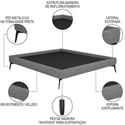 Cama Casal King 199cm Pés Metálicos Elisa S05 Veludo Cinza - Mpozenato