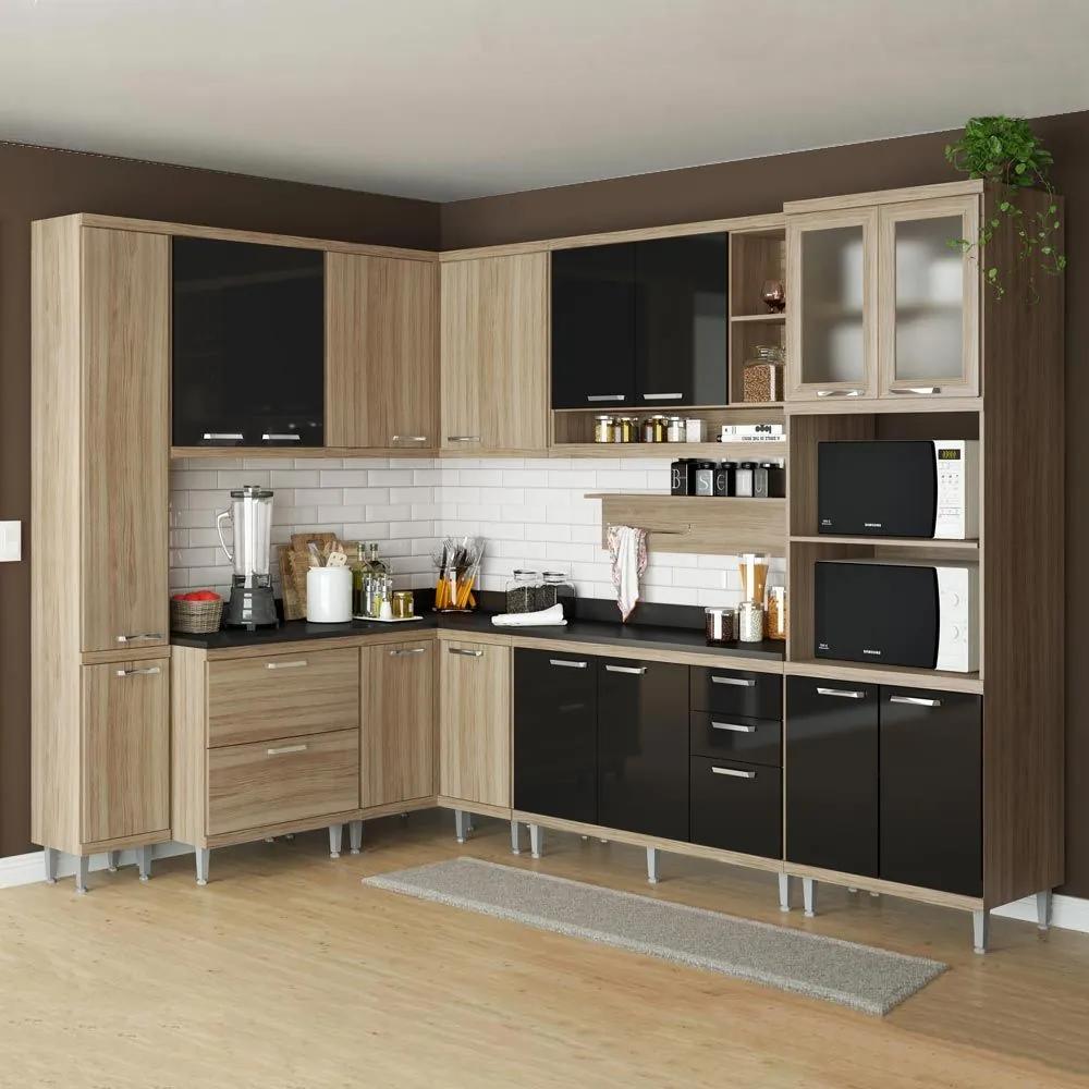 Cozinha Compacta 16 Portas C/ Tampo Pret e Vidro 5803 Preto/Argila - Multimóveis