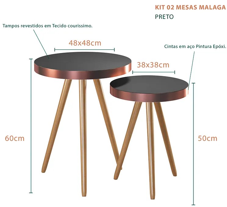 Kit 2 Mesas Decorativas Auxiliares Redondas Pés Palito Malaga Preto - Sheep Estofados - Preto