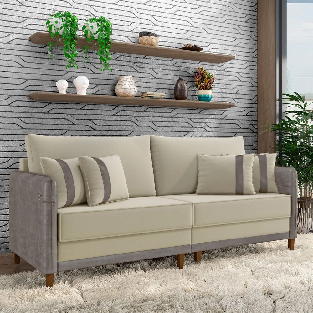 Sofá Living Montecarlo 3 Lugares Bipartido 232cm Pés em Madeira Veludo/PU Bege/Cinza G33 - Gran Belo