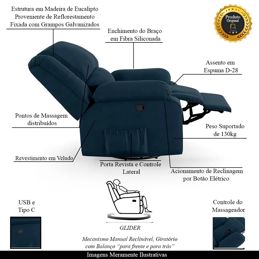 Poltrona do Papai Reclinável Sala de Cinema Madrid Glider Manual Giratória Massagem USB Veludo Azul  G23