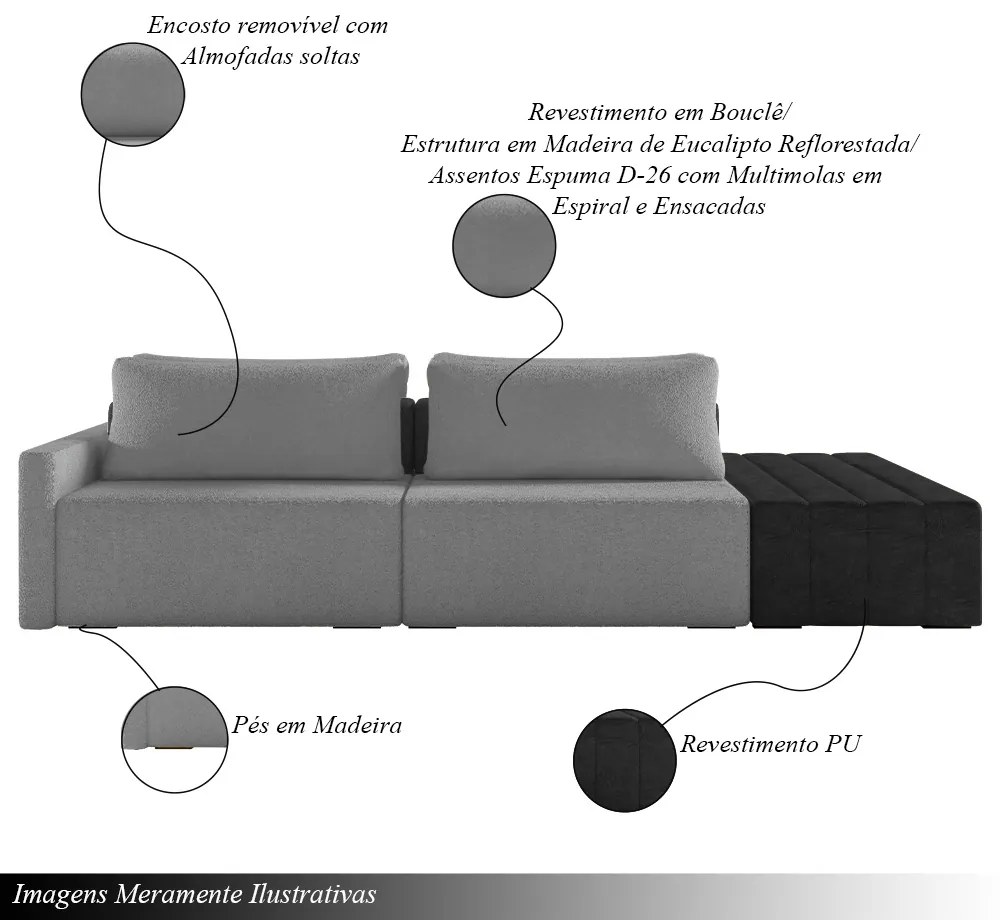 Sofá Ilha Modulado Milos 232cm Puff Lateral Cinza Escuro Preto Manchado Bouclê/PU G33 - Gran Belo