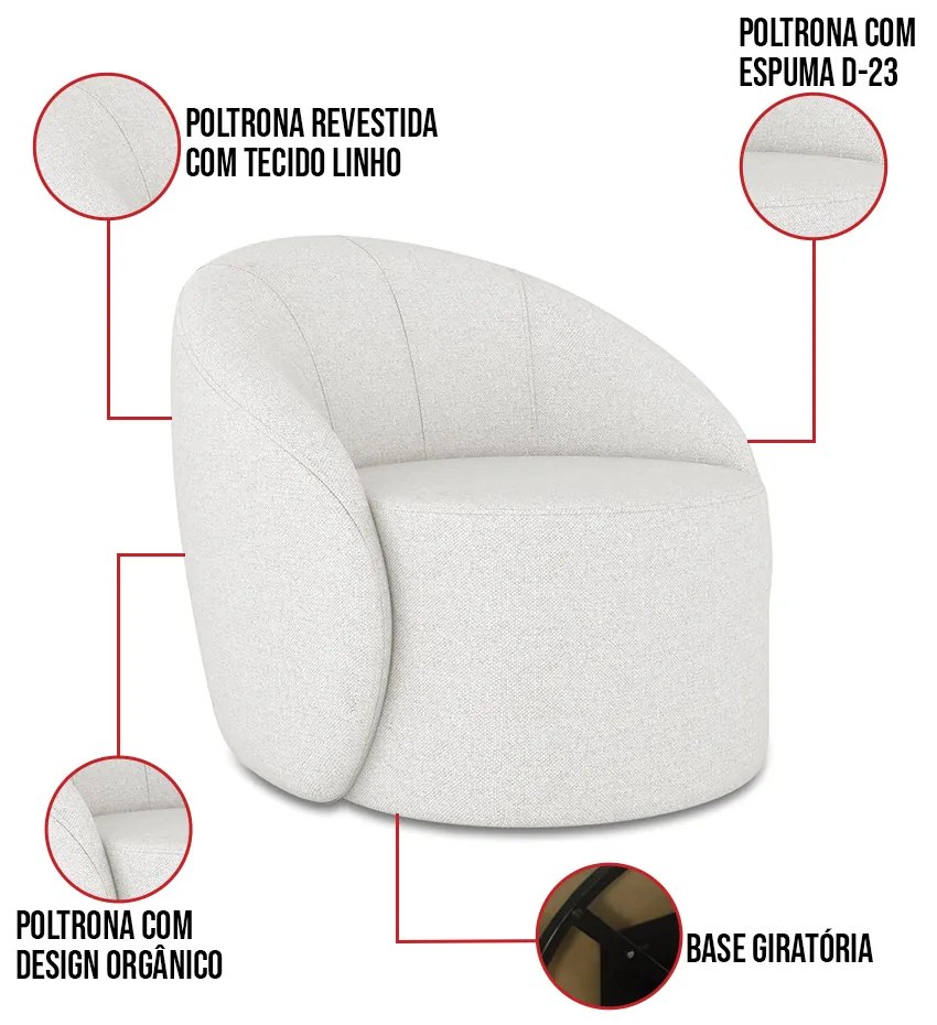 Poltrona Decorativa Orgânica Giratória Lua Linho D03 - D'Rossi - Cinza