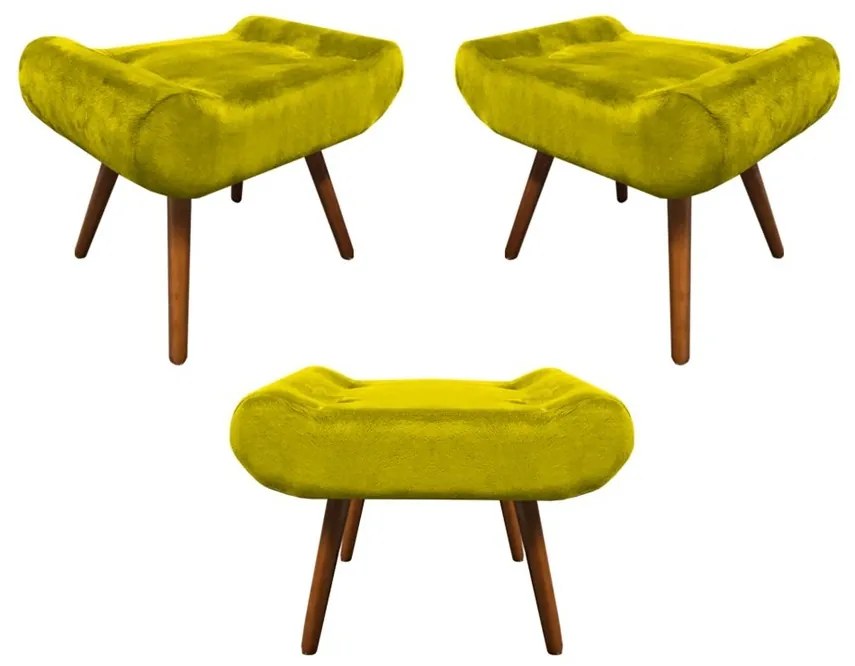 Kit 3 Puffs Decorativos Muu Pés Palito Suede Amarelo - Sheep Estofados - Amarelo