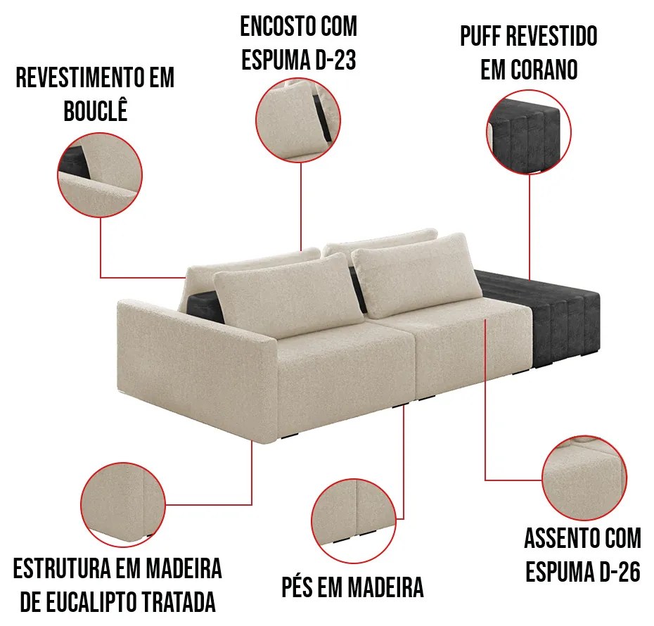 Sofá Ilha 2 Lugares Living 232cm Modulado Sala Lary Bouclê Bege/PU Pto K01 - D'Rossi